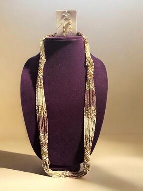 Handcrafted Multi-Strand Beaded Necklace and Earring Set - Cream & Brown
598
